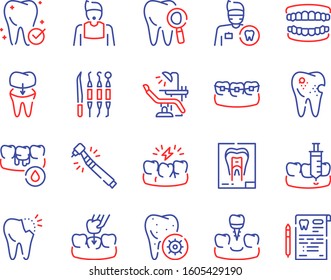 Dental care color linear vector icons set. Dentistry outline symbols. Dentist, medical tools, braces, dental crown. Toothache, cavity, gums bleeding treatment. Stomatology items contour illustrations