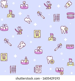 Dental care color linear vector icons set. Dentistry outline symbols. Dentist, medical tools, braces, dental crown. Toothache, cavity, gums bleeding treatment. Stomatology items contour illustrations