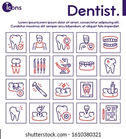 Dental care color linear vector icons set. Dentistry outline symbols. Dentist, medical tools, braces, dental crown. Toothache, cavity, gums bleeding treatment. Stomatology items contour illustrations