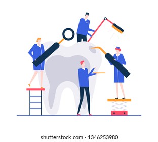 Dental care - colorful flat design style illustration on white background. A composition with male and female characters examining and treating a big tooth with tools. Medicine, healthcare concept