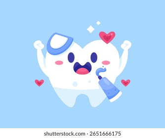Um conceito de cuidados dentários. Dentes limpos, brancos, fortes e saudáveis. Ilustração de um dente que é feliz porque é manchado com pasta de dente. Personagem bonito e adorável. Design de estilo plano. Azul 