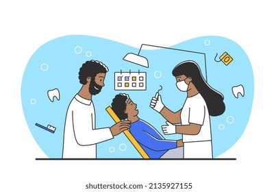 Dental care concept. Doctors examine his patient, treat teeth and take care of their health. Poster or banner for website, annual inspection and paid services. Cartoon flat vector illustration