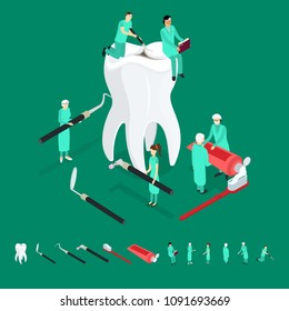Dental Care Concept and Elements 3d Isometric View Whitening, Hygiene, Protection and Health Care Elements. Vector illustration of Healthcare Teeth