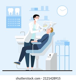 Dental care concept. Healthcare, stomatology clinic, hospital. Dentist doctor, patient tooth cleaning. Dentistry visit infographic. Checkup health teeth. Dental care treatment. Vector illustration.