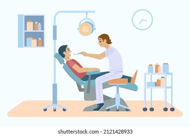 Dental care concept. Healthcare, stomatology clinic, hospital. Dentist doctor, patient tooth cleaning. Dentistry visit infographic. Checkup health teeth. Dental care treatment. Vector illustration.