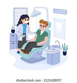 Concepto de cuidado dental. Salud, clínica de estomatología, hospital. Médico dentista, paciente limpiando dientes. Infografía de la visita de la ciencia dental. Comprobar los dientes de salud. Tratamiento dental. Ilustración vectorial.