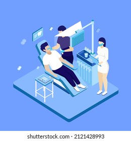 Dental care concept. Healthcare, stomatology clinic, hospital. Dentist doctor, patient tooth cleaning. Dentistry visit infographic. Checkup health teeth. Dental care treatment. Vector illustration.
