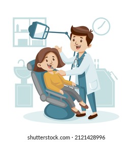 Dental care concept. Healthcare, stomatology clinic, hospital. Dentist doctor, patient tooth cleaning. Dentistry visit infographic. Checkup health teeth. Dental care treatment. Vector illustration.