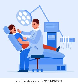 Dental care concept. Healthcare, stomatology clinic, hospital. Dentist doctor, patient tooth cleaning. Dentistry visit infographic. Checkup health teeth. Dental care treatment. Vector illustration.