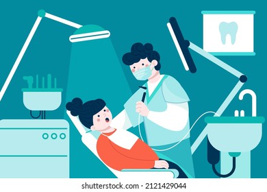 Dental care concept. Healthcare, stomatology clinic, hospital. Dentist doctor, patient tooth cleaning. Dentistry visit infographic. Checkup health teeth. Dental care treatment. Vector illustration.