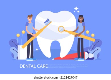 Dental care concept. Healthcare, stomatology clinic, hospital. Dentist doctor, patient tooth cleaning. Dentistry visit infographic. Checkup health teeth. Dental care treatment. Vector illustration.