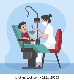 Dental care concept. Healthcare, stomatology clinic, hospital. Dentist doctor, patient tooth cleaning. Dentistry visit infographic. Checkup health teeth. Dental care treatment. Vector illustration.