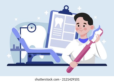 Dental care concept. Healthcare, stomatology clinic, hospital. Dentist doctor, patient tooth cleaning. Dentistry visit infographic. Checkup health teeth. Dental care treatment. Vector illustration.