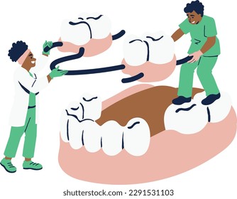 Dental Care Concept. Orthodontic Treatment and Treatment. Dentist Examining Human Teeth, Orthodontist Examining Stomatology Dental Health. Cartoon Flat Vector Illustration