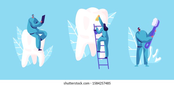 Dental Care Concept. Tiny Dentists Characters in Medical Robe Cleaning and Brushing Huge Teeth. Doctor Using Gadget. Health Care, Oral Treatment Program, Check Up. Cartoon Flat Vector Illustration