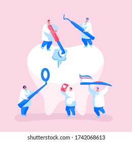 Dental Care Concept. Tiny Dentists Characters in Medical Robe Cleaning and Brushing Huge Teeth. Doctor Using Mirror. Health Care, Oral Treatment Program, Check Up. Cartoon People Vector Illustration