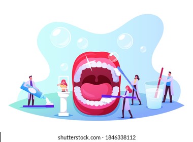 Konzept der Zahnpflege. Tiny Dentists zeichnet die Reinigung und Brush von riesigen Zähnen im offenen Mund. Der Arzt verwendet Zahnpasta. Gesundheitspflege, Programm zur oralen Behandlung, Check-Up. Vektorgrafik von Cartoon People