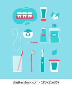 Dental care concept. Various accessories for daily dental care. Toothbrush, dental floss, mouthwash, braces, chewing gum, mint, dentifrice. Vector cartoon illustration in trendy colors.