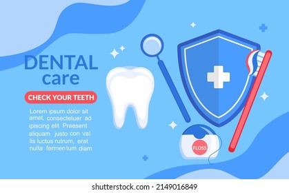 Dental care concept. White tooth with toothpaste, toothbrush, floss.Template design for web,banner,flyer,stomatology and orthodontics medical center.Teeth treatment,protect and cleaning teeth.Vector