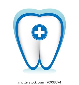 Dental care concept. A white tooth with medical cross in a blue protective shield.