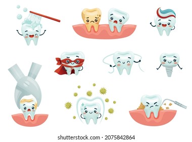 Dental care. Cute funny teeth characters set. Mouth hygiene, teeth restoration, orthodontic treatment cartoon vector illustration