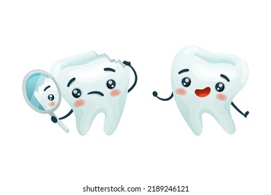 Dental Care with Cute Funny Tooth Character with Break Looking in Mirror and Smiling Vector Set