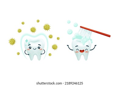 Dental Care with Cute Funny Tooth Character Brushed by Toothbrush and Under Protection Against Bacteria Vector Set