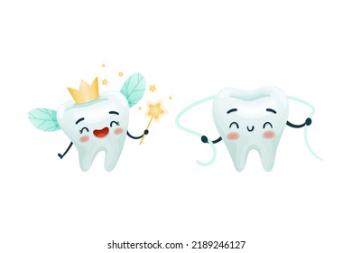 Dental Care with Cute Funny Tooth Character with Floss and Magic Wand Vector Set