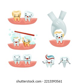 Dental Care with Cute Funny Tooth Character Vector Set