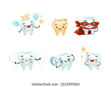 Dental Care with Cute Funny Tooth Character Vector Set