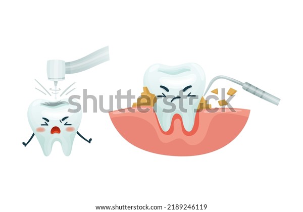Dental Care with Cute Funny\
Tooth Character with dentist drill and Tool Removing Calculus\
Vector Set