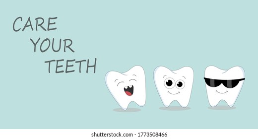 Dental care cute teeth characters. Funny dental care picture for kids. Teeth orthodontist treatment to dentistry healthcare