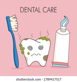 Dental care cute teeth characters.   Bad tooth, plaque. Diseased tooth and oral cavity. Picture for kids. Dentistry healthcare