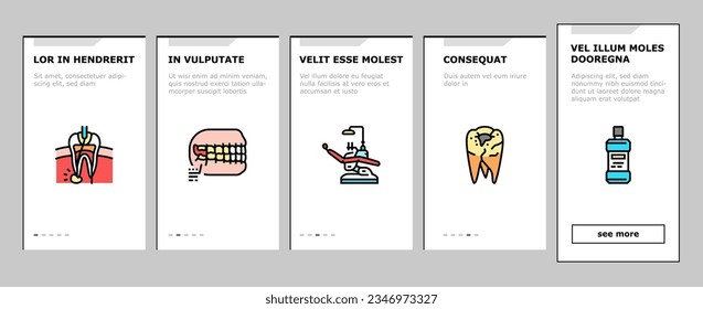 dental care dentist tooth implant onboarding mobile vector. dentistry health, medical oral clinic, toothpaste toothbrush, teeth doctor, medicine dental care dentist tooth implant line illustrations