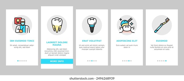 dental care dentist tooth implant onboarding mobile vector. dentistry health, medical oral clinic, toothpaste toothbrush, teeth doctor, medicine dental care dentist tooth implant line illustrations
