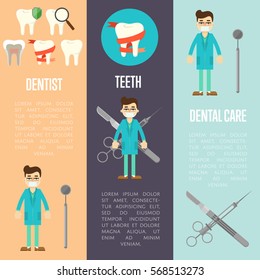 Dental care, dentist and tooth vertical flyers with medical instruments and male dentist in blue medical uniform, vector illustration. Dental treatment and hygiene concept. Stomatology clinic set