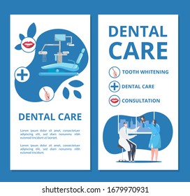 Dental care and dentistry banners set with doctors in stomatological clinic doing tooth x-ray and dentistry equipment vector illustration. Dental health care, tooth whitening and stomatology.