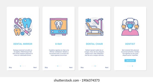 Dental care, dentistry hospital equipment vector illustration. UX, UI onboarding mobile app page screen set with line mirror dentist tool, chair in clinic symbols, x-ray doctor examination technology