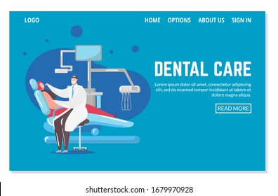 Dental Care And Dentistry Webpage Template With Doctor And Patient In Chair Curing Unhealthy Tooth Vector Illustration. Dental Health Care Visit To Doctor And Stomatology Office Web Site.