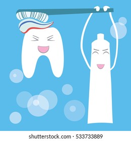 Dental care design concept. Tooth symbol with tooth brush. Tooth cleaning. Happy smiling tooth character. Vector flat cartoon illustration.