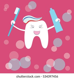 Dental care design concept. Tooth symbol with tooth brush. Tooth cleaning. Happy smiling tooth character. Vector flat cartoon illustration.