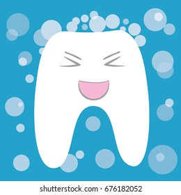 Dental care design concept. Tooth symbol. Tooth cleaning. Happy smiling tooth character. Vector flat cartoon illustration.