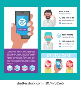 Dental care. For the design of flyers and brochures dental clinic.  Dentist and patient with toothache. Flyer and business card template. Set of icons of dentistry. Mobile application for dentistry.