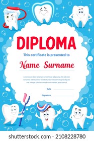 Dental care diploma, cartoon clean teeth with toothbrush and toothpaste, vector certificate. Education diploma award with smiling tooth character in toothpaste sparkling bubbles