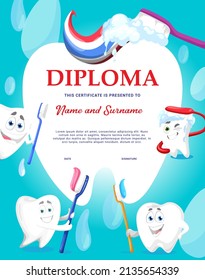 Diploma de cuidado dental. Felices caricaturas con cepillo y dentífrico. Certificado de vectores para niños de divertidos dientes limpios con caracteres de pasta. Marco de higiene y atención oral, diploma de odontología