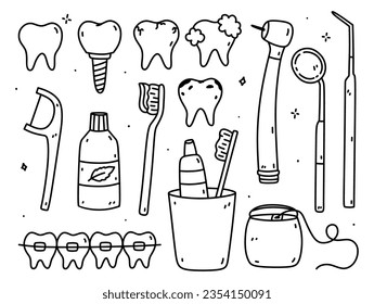 Dental care doodle set. Healthy and diseased teeth, braces, implants, toothbrushes and flossers, medical dentistry tools - drill, inspection mirror, dental probe. Vector hand-drawn illustration.