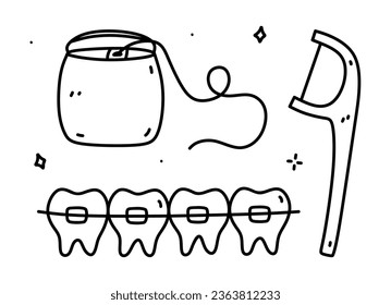 Dental care doodle set. Teeth with braces and and two types of dental floss. Oral hygiene. Vector hand-drawn illustration isolated on white background.  Perfect for logo, various designs.