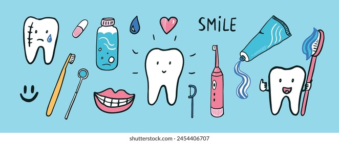 Dental care doodle set. Vector illustration in cartoon style.