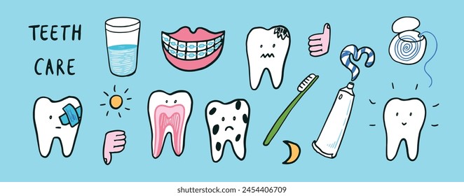 Dental care doodle set. Vector illustration in cartoon style.