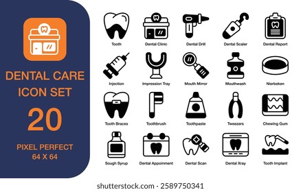 Dental Care Dual Tone Icon Set. Dental Clinic, Mouthwash, Toothbrush. Pixel Perfect. High Quality	